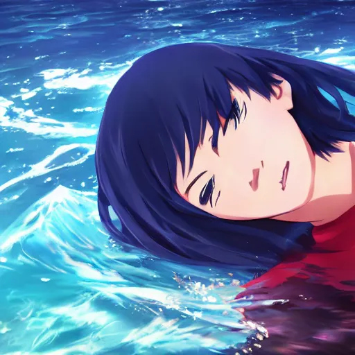 Image similar to High quality art of a girl with short blue hair drowned in the sea, anime style. Art by Makoto Shinkai, Crunchyroll, pixiv, danbooru, HD