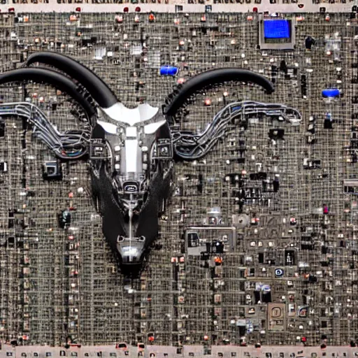 Image similar to cybernetic evil goat head merged with complex circuitry and machinery