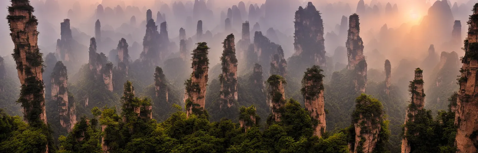 Prompt: A beautiful landscape photography of Zhangjiajie mountains, an intricate tree in the foreground, sunset, dramatic lighting by Anselm Adams and Albrecht Durer, chiaroscuro, shadow and light,