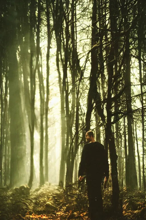 Prompt: kodak portra 4 0 0 photograph of a guy with deer antlers standing in a dark fantasy forest, back view, lens flare, moody lighting, moody vibe, telephoto, 9 0 s vibe, blurry background, grain, tranquil, calm, faded!,