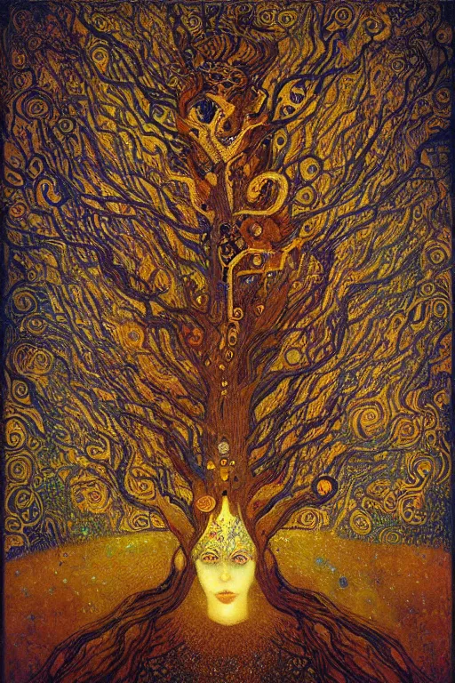 Prompt: Tree of Life by Karol Bak, Jean Deville, Gustav Klimt, and Vincent Van Gogh, Surreality, radiant halo, jeweled leaves, otherworldly, enigma, fractal structures, celestial, arcane, ornate gilded medieval icon, third eye, spirals