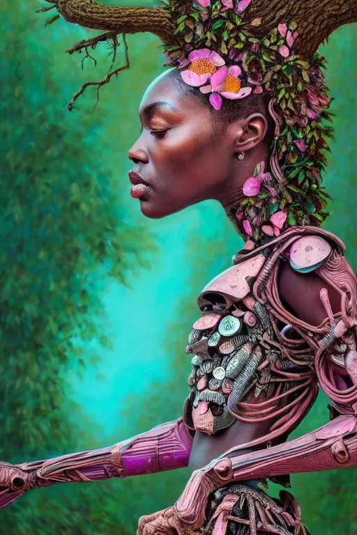 Image similar to hyperrealistic post - renaissance masterpiece super expressive! yoruba goddess with exoskeleton armor, merging with tree in a forest, pink flowers, highly detailed digital art cinematic, smooth cam de leon eric zener dramatic pearlescent soft teal light, ground angle hd 8 k, sharp focus