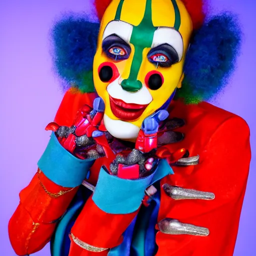 Prompt: uhd candid photo of a robot clown wearing bizarre clown makeup, with accurate face, intricate clown costume, uhd, studio lighting, correct face, photo by annie leibovitz