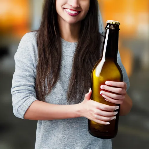Image similar to a woman holding a bottle of beer, photorealistic