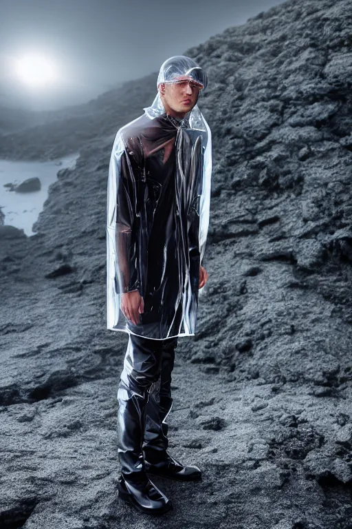 Image similar to an ultra high definition professional high fashion portrait studio full length photograph of a male model wearing a transparent pearlescent raincoat and neon visor planking in an icelandic black rock environment at dawn. no artefacts. extremely detailed. stark. refraction. shallow depth of field. volumetric light and shadow. ray tracing. light rays.