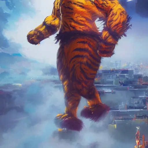 Image similar to crisp defined Man Streetfighter Dude wearing Tiger Costume standing atop dumpster greg danton tony sart raymond swanland chris foss chris cold christophe young acrylic 4k artstation wikiart wikipedia realism tilt-shift