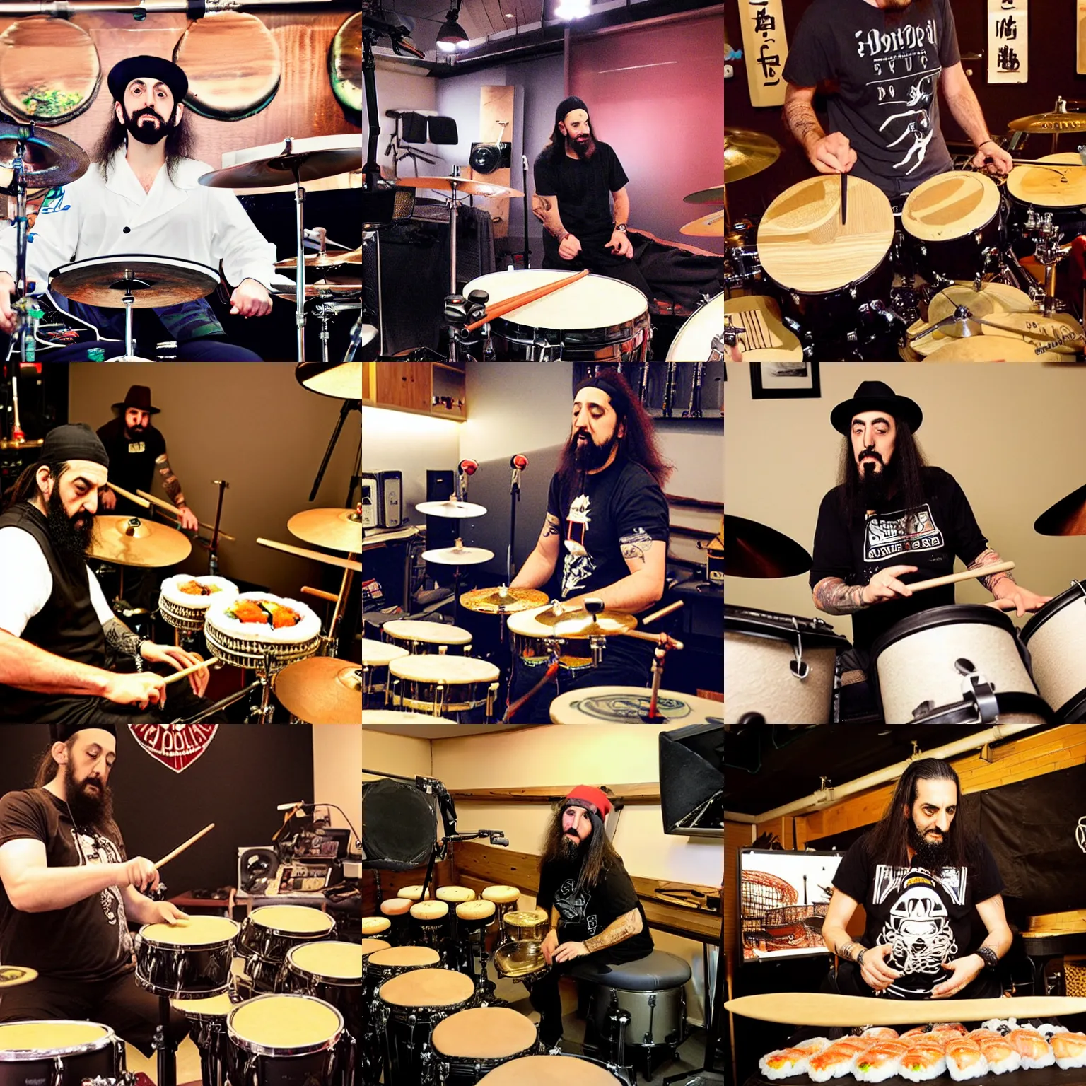 Prompt: a studio photo of mike portnoy drumming on sushi rolls