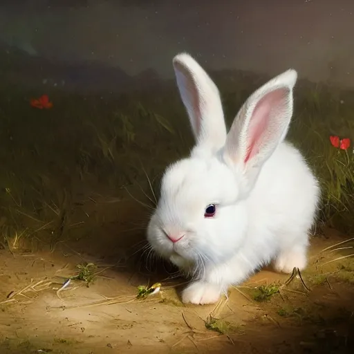 Prompt: cute white dwarf rabbit, 4 k oil on linen by wlop, artgerm, andrei riabovitchev, nuri iyem, james gurney, james jean, greg rutkowski, highly detailed, soft lighting 8 k resolution