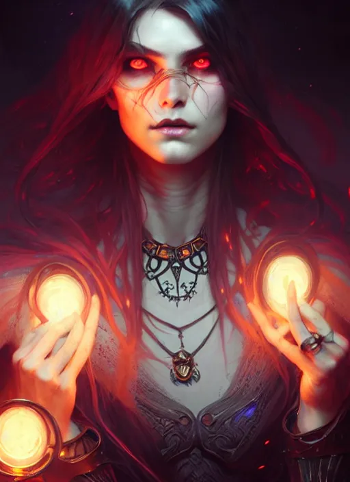 Image similar to Necromancer Sorceress, fantasy magic, undercut hairstyle, dark light night, intricate, elegant, sharp focus, illustration, highly detailed, digital painting, concept art, matte, art by WLOP and Artgerm and Greg Rutkowski and Alphonse Mucha, masterpiece