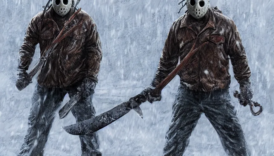 Image similar to jason voorhees in the snow with a bloody axe, hyperdetailed, artstation, cgsociety, 8 k