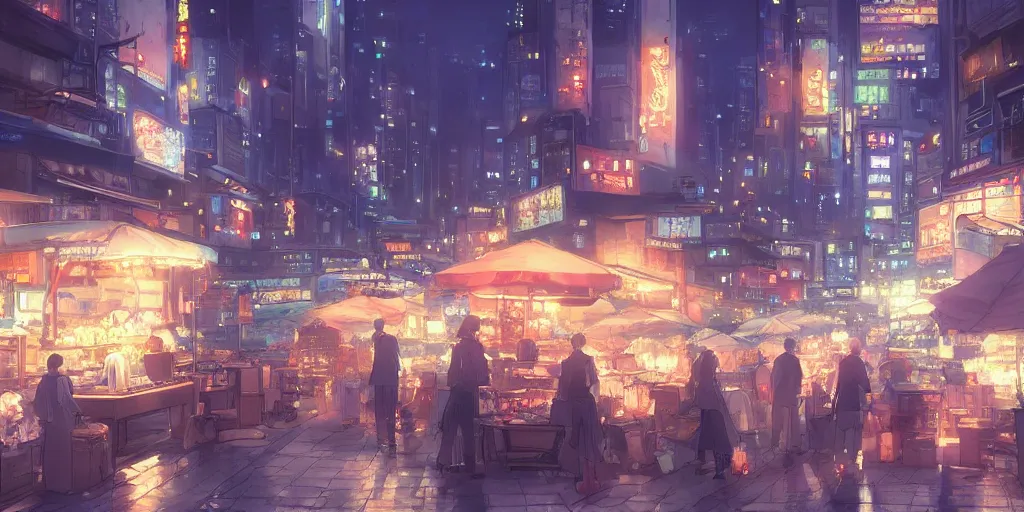Prompt: Night downtown, all kinds of vendors, lighting, lively, atmosphere joyful, fine, high quality, by Makoto Shinkai