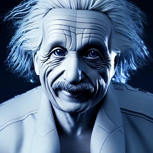Prompt: portrait ethereal biomechanical android albert einstein with incredible technological hair, masterpiece crystalline incrustations, hyper - detailed face, elegant posed, intricate, octane render, cinematic lighting, cgsociety, unreal engine,