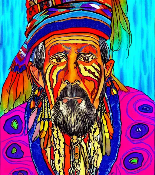 Image similar to Portrait painting in psychodelic style of an old shaman dressed in a colorful traditional clothes.