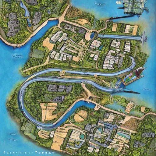 Image similar to overhead dnd map of a small suburban coastal town with large buildings by mike schley, rhads, ray swanland, brian patterson