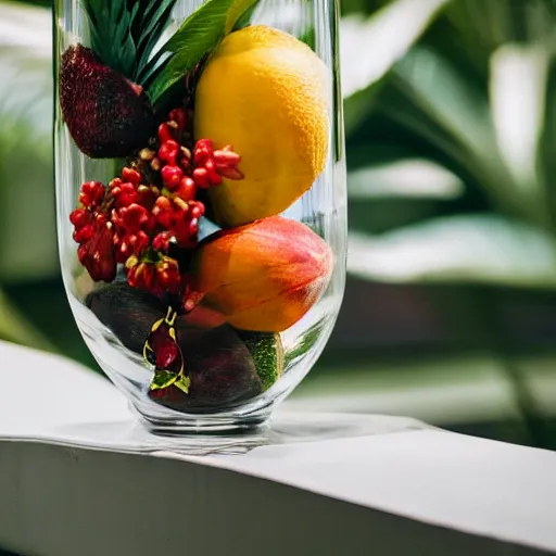 Prompt: glass vase filled with tropical fruit, photography