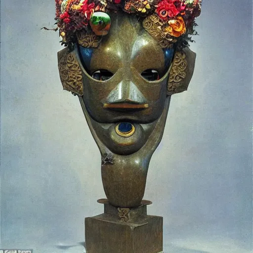 Image similar to a sculpture of a robot wearing a mask made of flowers, by annie swynnerton and diego rivera, symbolist, dramatic lighting, elaborate geometric ornament, art brut, soft cool colors, smooth, sharp focus, extremely detailed, adolf wolfli