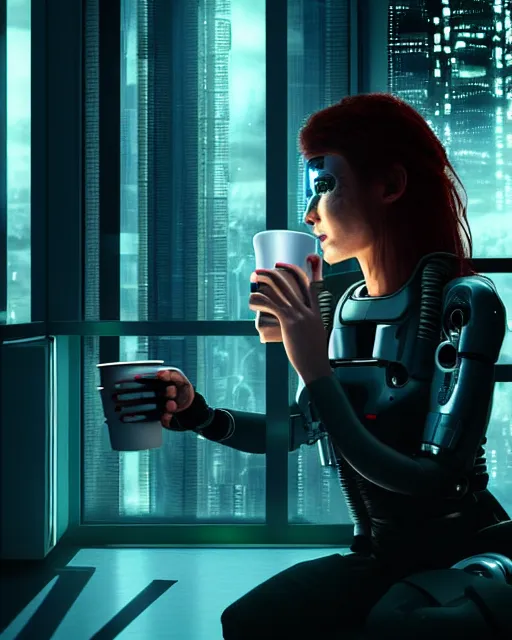 Image similar to a terminator cyborg lady with borg implants and a young human face is drinking coffee near a window with dystopian city visible outside. tiny green led lights in her cybernetics. very detailed 8 k. horror cyberpunk style.