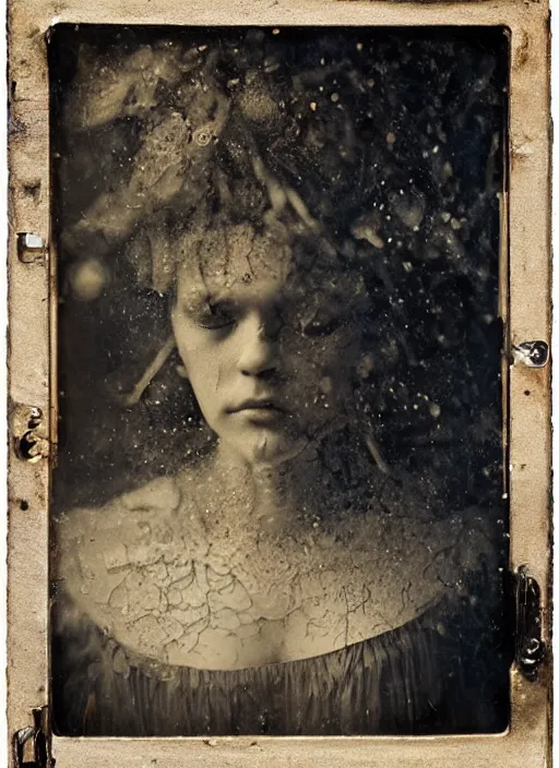 Image similar to old wetplate daguerreotype portrait with crackle skin, explosion of data fragments, fractal, intricate, elegant, highly detailed, parallax, leica, medium format, subsurface scattering, by jheronimus bosch and greg rutkowski and louis jacques mande daguerre