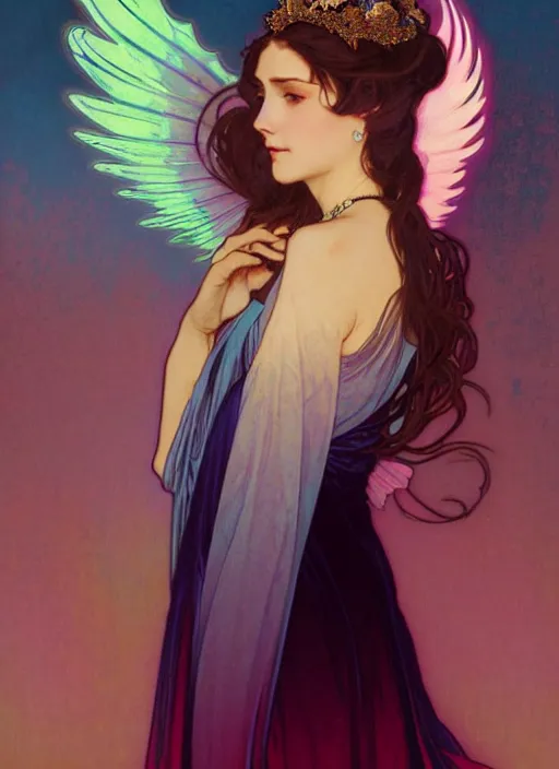 Image similar to ombre velvet gown, alphonse mucha, beautiful elegant woman with glowing wings, portrait, neon outline, long hair, tiara, dozens of jeweled necklaces, by greg rutkowski, brom, anato finnstark