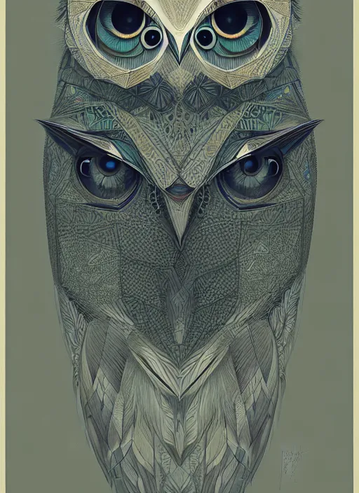 Image similar to portrait of a geometric owl, identical eyes, medium shot, illustration, full body made of white feathers, symmetrical, art stand, super detailed, cinematic lighting, and its detailed and intricate, gorgeous, by peter mohrbacher