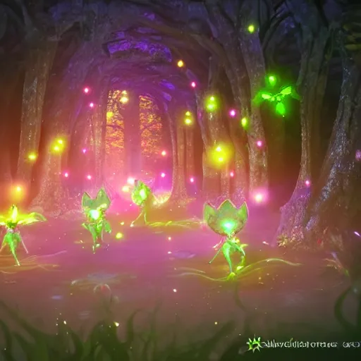 Image similar to beautiful glowing pixies in a fantasy forest