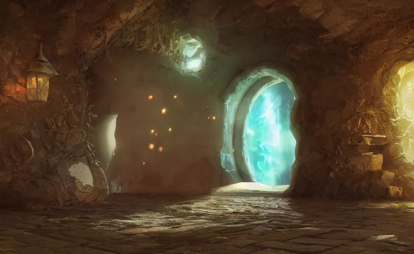 Prompt: a magical hole in the wall leads to an alternate dimension. painting, fantasy, magical particles, compute shader, soft lighting, 8 k, sharp focus, global illumination, paid artwork, portfolio, detailed and intricate environment