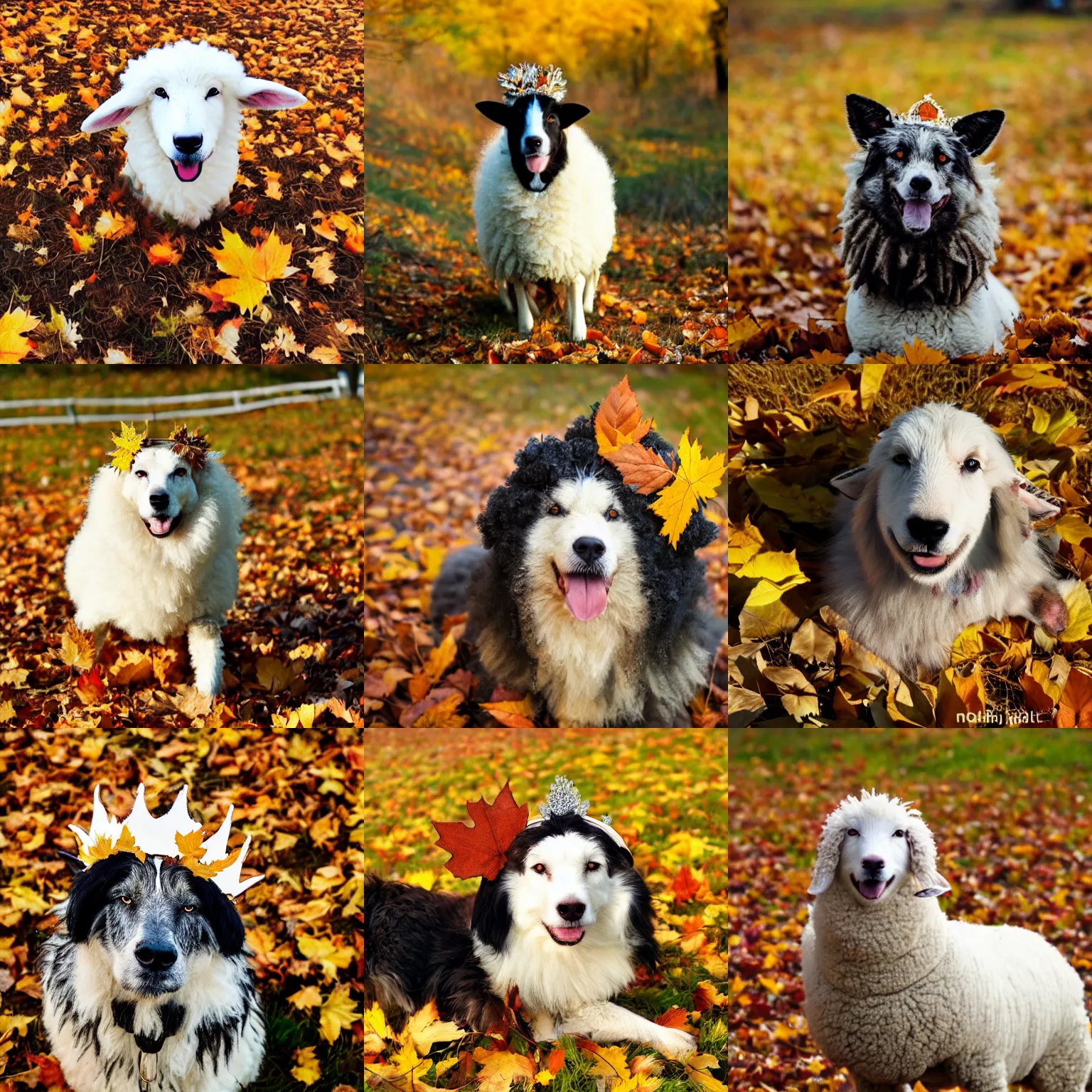 Prompt: sheep dog in autumn wearing a crown of leaves