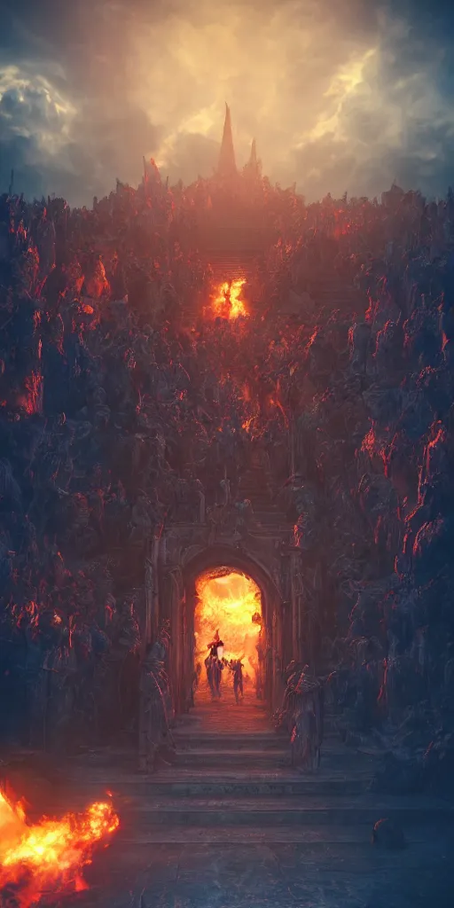 Prompt: The gate of hell in heaven, dramatic lighting, 8K HDR, octane render, unreal engine 5, tarot card, fantasy, concept art, digital art, trending on DeviantArt, trending on Artstation, high quality, highly detailed, high color contrast, path tracing