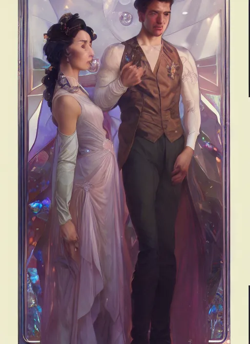 Image similar to a couple made of sparkling crystal, a man and a woman, diamond and rose quartz, full body view, beautiful high quality realistic fantasy art, trending on artstation by artgerm and greg rutkowski and alphonse mucha