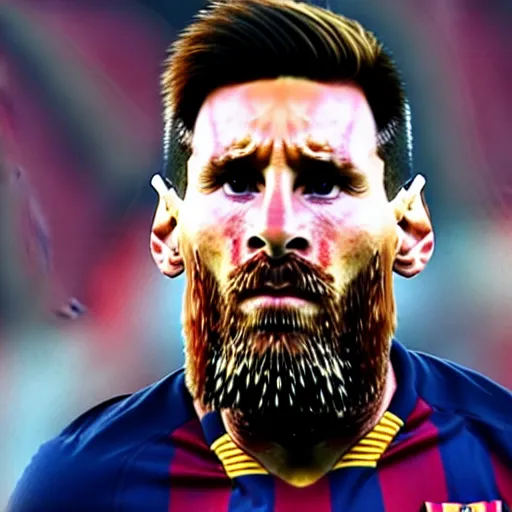 Image similar to Lionel Messi with a majestic beard, closeup, cinematic shot, 4k, award winning photo