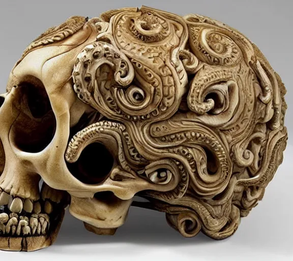 Image similar to an intricately detailed carving in an human - octopus skull, rococo ornate bone and ivory sculpted skull with teeth and tentacles, horror, artifact, micro detailed, inscribed with occult symbols, otherworldly