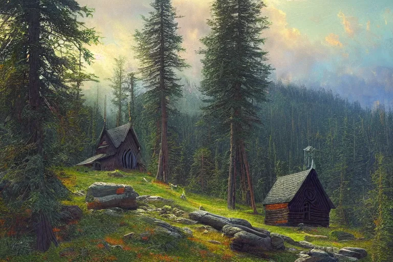 Prompt: small black wooden stave church in the distance in pine forest, very detailed, focused, oil painting, colorful, cinematic lighting, canvas, artstation, Albert Bierstadt, Hermann Hendrich