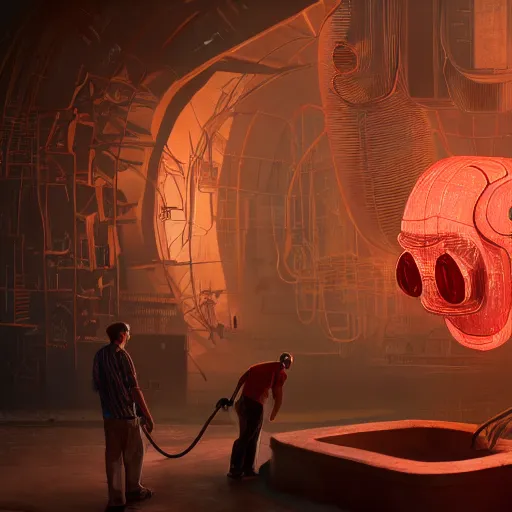 Image similar to photorender of mechanics working on big mickey mouse head, low light, glowing red light behind, highly detailed 4 k intricate art, unreal engine, concept art, digital art, beeple, cgsociety, octane render, realistic, sharp focus, smooth, greg rutkowski, alphonse mucha