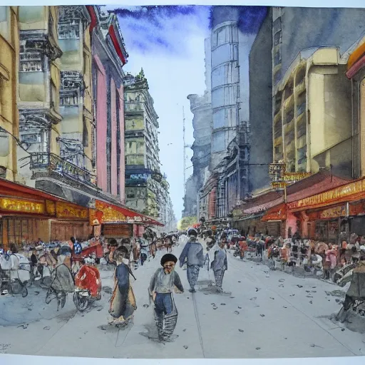 Prompt: Shanghai street scene, highly detailed, contemporary watercolor, smooth, by Joseph Zbikowicz, 8k