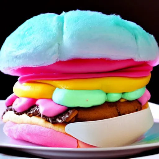 Image similar to a cotton candy burger. cyan and pink.