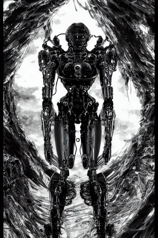 Image similar to a vertical portrait of a character in a scenic environment by Yoshitaka Amano, black and white, dreamy, cybernetic suit, wavy long black hair, highly detailed