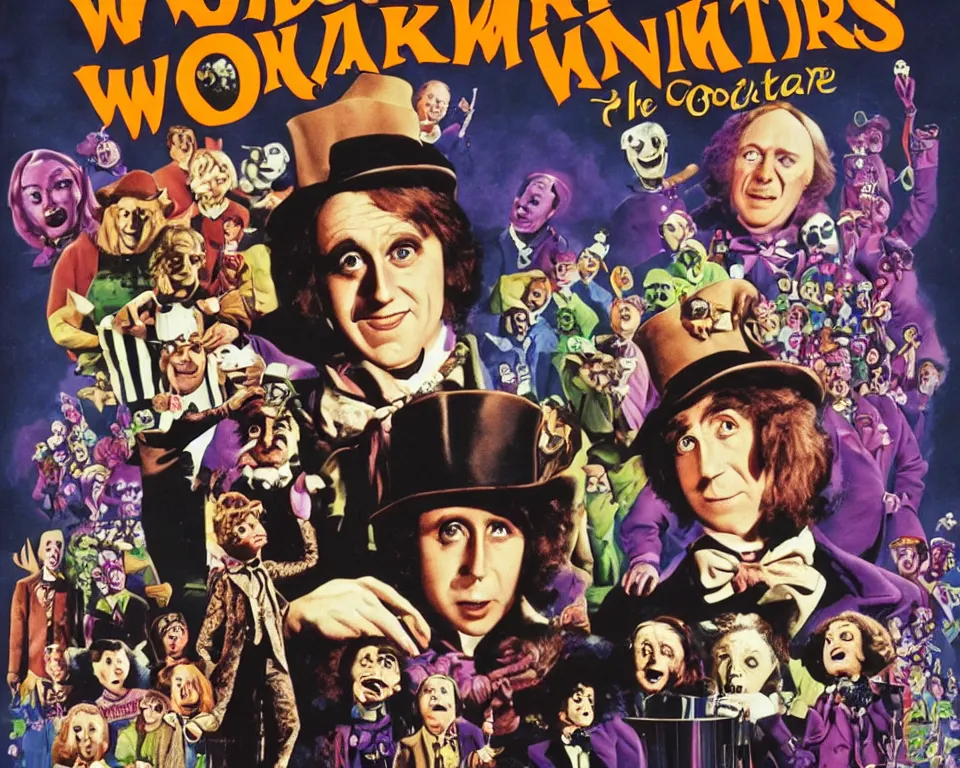 Prompt: a horror movie poster featuring willy wonka and the chocolate factory