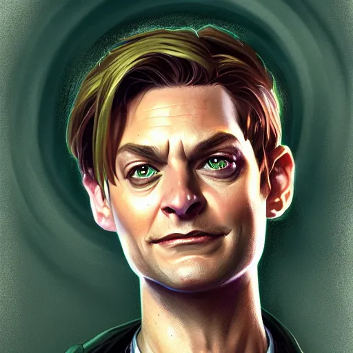 Image similar to handsome Tobey Maguire as the Green Goblin, western, D&D, fantasy, intricate, elegant, highly detailed, digital painting, artstation, concept art, matte, sharp focus, illustration, art by Artgerm and Greg Rutkowski and Alphonse Mucha