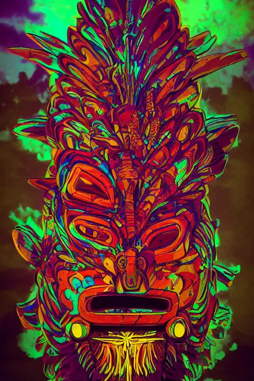 Image similar to totem animal tribal chaman vodoo mask feather gemstone plant wood rock video game illustration vivid color borderlands by josan gonzales and dan mumford radiating a glowing aura global illumination ray tracing