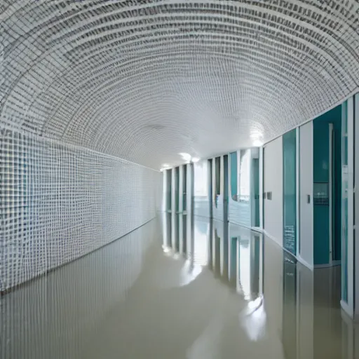 Image similar to a curved hallways made of white tiles, flooded,