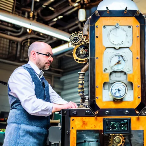 Prompt: A random pointless contraption ((steampunk)) industrial appliance pneumatic machine with no apparent purpose, being operated by a scholarly looking man with a clear directed gaze, XF IQ4, f/1.4, ISO 200, 1/160s, 8K, RAW, unedited, symmetrical balance, in-frame