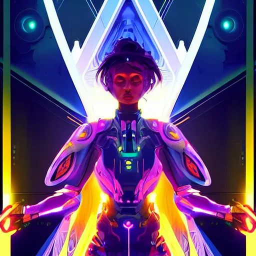 Image similar to symmetry! abstract futuristic robotic, psychedelic background, apex legends, epic lighting, illustration black outlining, ultra detailed, art by artgerm and greg rutkowski and alphonse mucha