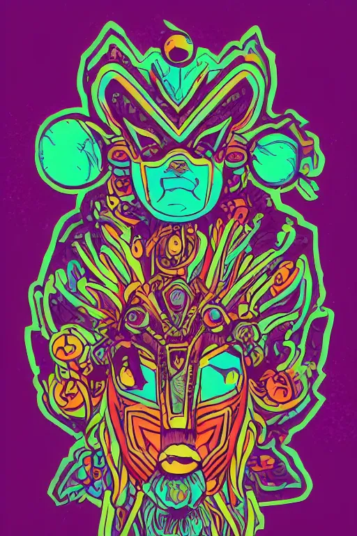 Image similar to animal mask totem roots flower tribal feather gemstone plant wood rock shaman vodoo video game vector cutout illustration vivid multicolor borderlands comics by josan gonzales and dan mumford radiating a glowing aura