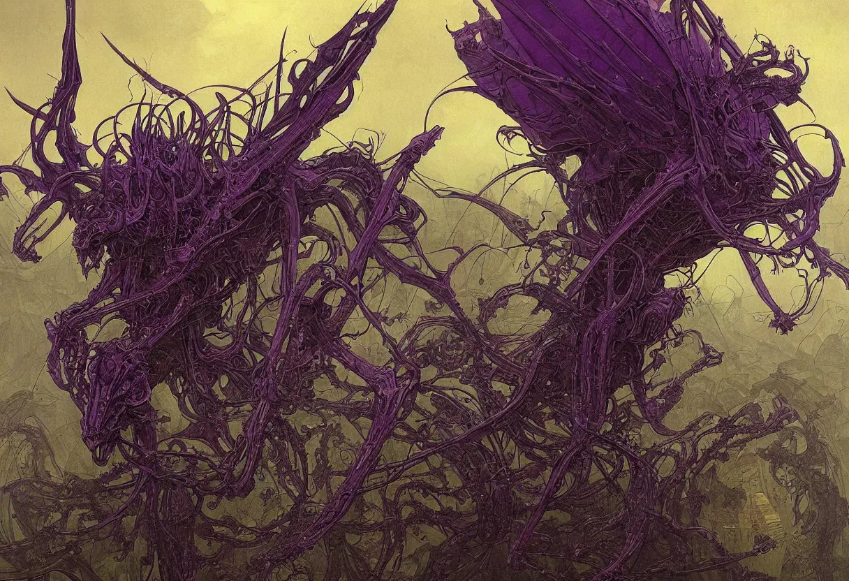 Image similar to an enormous purple and black symmetrical insectoid being with many compound eyes descending on earth, by daniel - by greg rutkowski and raymond swanland hr giger and zdzislaw beksinski and alphonse mucha and moebius, matte painting, hyperdetailed, symmetry, art nouveau, beautiful render, concept art