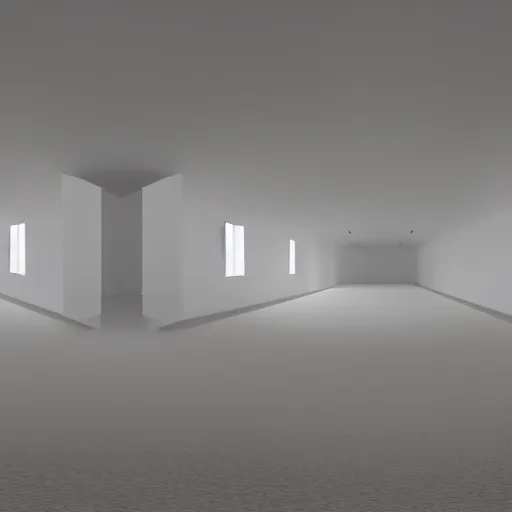 Prompt: inside an empty large white room, no windows, confined space, only walls, 3 d perspective, no distortion, virtual reality