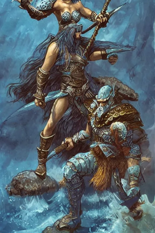 Image similar to a small blue-skinned triton girl wearing scale armor riding on a the shoulders of a large male goliath wearing fur and leather armor, dnd concept art, painting by Larry Elmore and ross tran