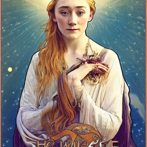 Image similar to saoirse ronan portrait by louis - theophile hingre and alphonse mucha, realistic, sharp focus, zodiac signs, tarot cards, planets, ethereal, art nouveau, magic, moon, sun, crown, dreamy, royal, jewellery