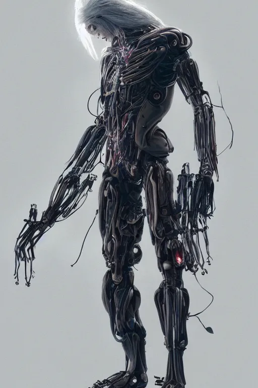 Image similar to a portrait of a toned male half human half mechanical with long white hair and with joints with visible joints by greg rutkowski, sung choi, mitchell mohrhauser, maciej kuciara, johnson ting, maxim verehin, peter konig, bloodborne, 8 k photorealistic, cinematic lighting, hd, high details, dramatic, dark atmosphere, trending on artstation