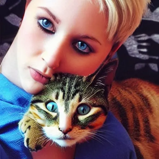 Prompt: beautiful girl with short hair shows off her cat