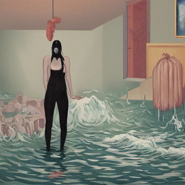 Image similar to tall female emo artist in her flooded apartment, water gushing from ceiling, painting of flood waters inside an artist's home, a river flooding indoors, pomegranates, pigs, ikebana, zen, water, octopus, river, rapids, waterfall, black swans, canoe, berries, acrylic on canvas, surrealist, by magritte and monet